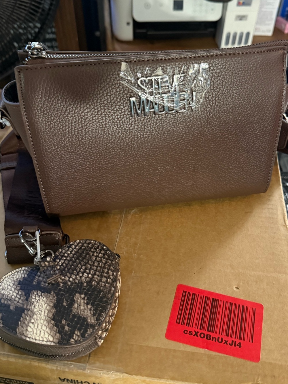 Steve Madden Chocolate Brown Pebbled Crossbody with Heart Charm